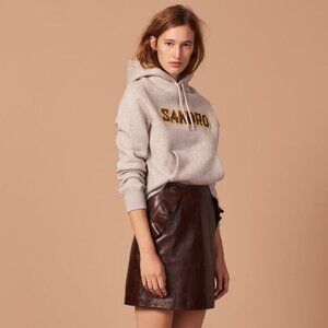 NWOT Sandro brown leather ruffle accent mini skirt, M